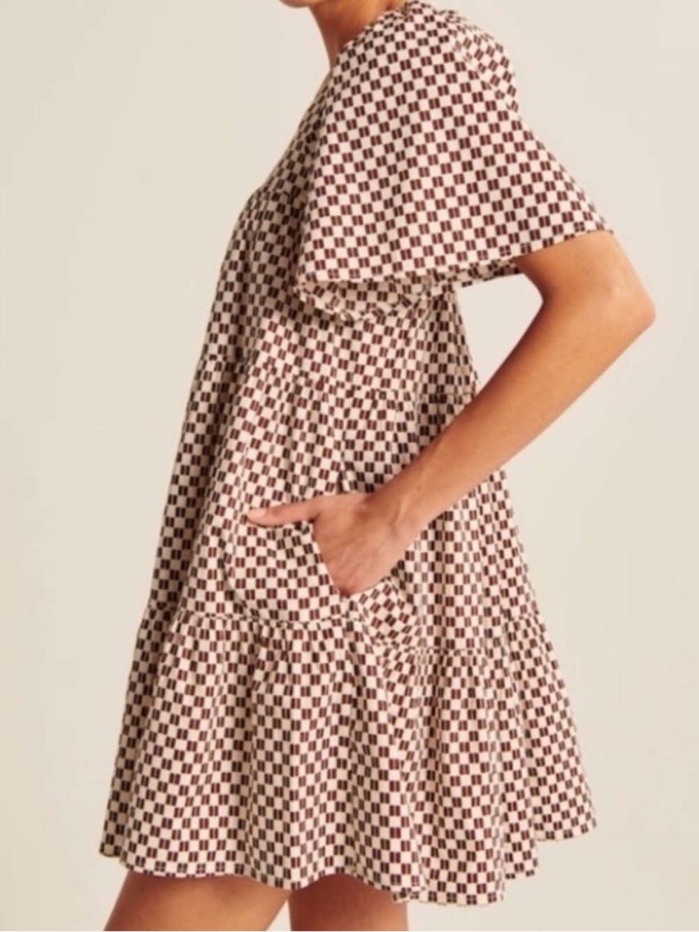 Abercrombie & Fitch Angel Sleeve Trapeze Mini Dress Brown Checkered Size Medium - Picture 4 of 7